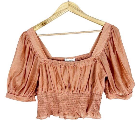 By The River Crop Top Womens L Peach Puff Sleeve Cropped Cottagecore Peasant - Picture 1 of 5